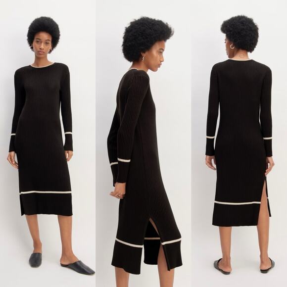 Everlane Dresses & Skirts - Everlane The Cotton Wide Rib Midi Sweater Dress Black White Long Sleeve NWOT M